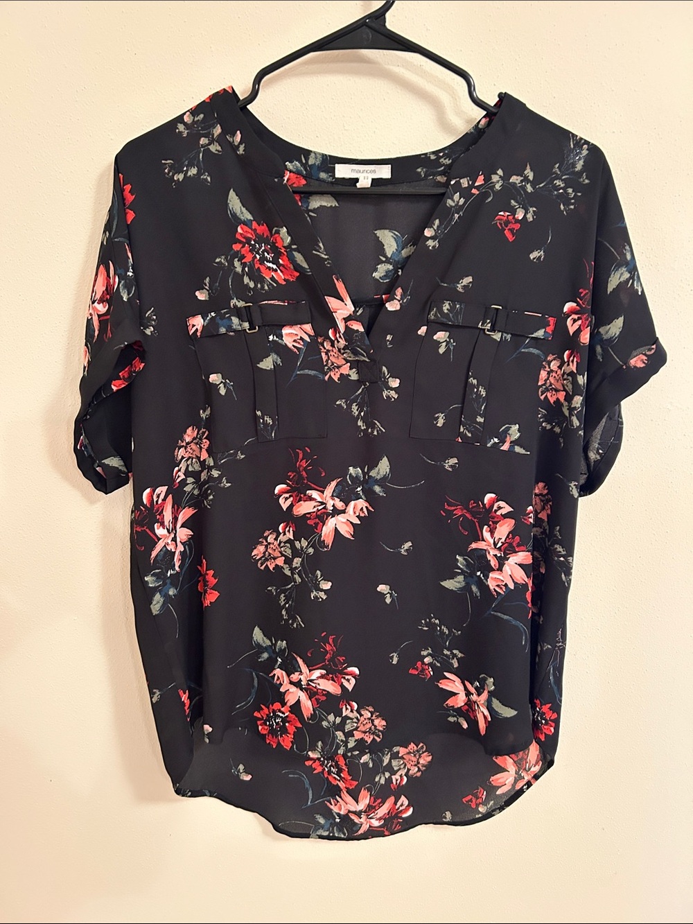 Maurices Black Floral Notch-Neck Short Sleeve Blouse